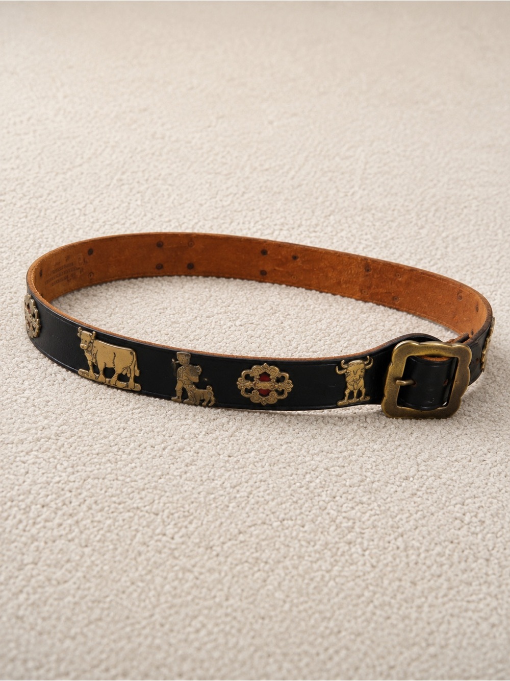 Vintage Swiss Leather Cowbell Belt Black Brass Alpine Cow Farmer Motif 35” - Picture 3 of 9